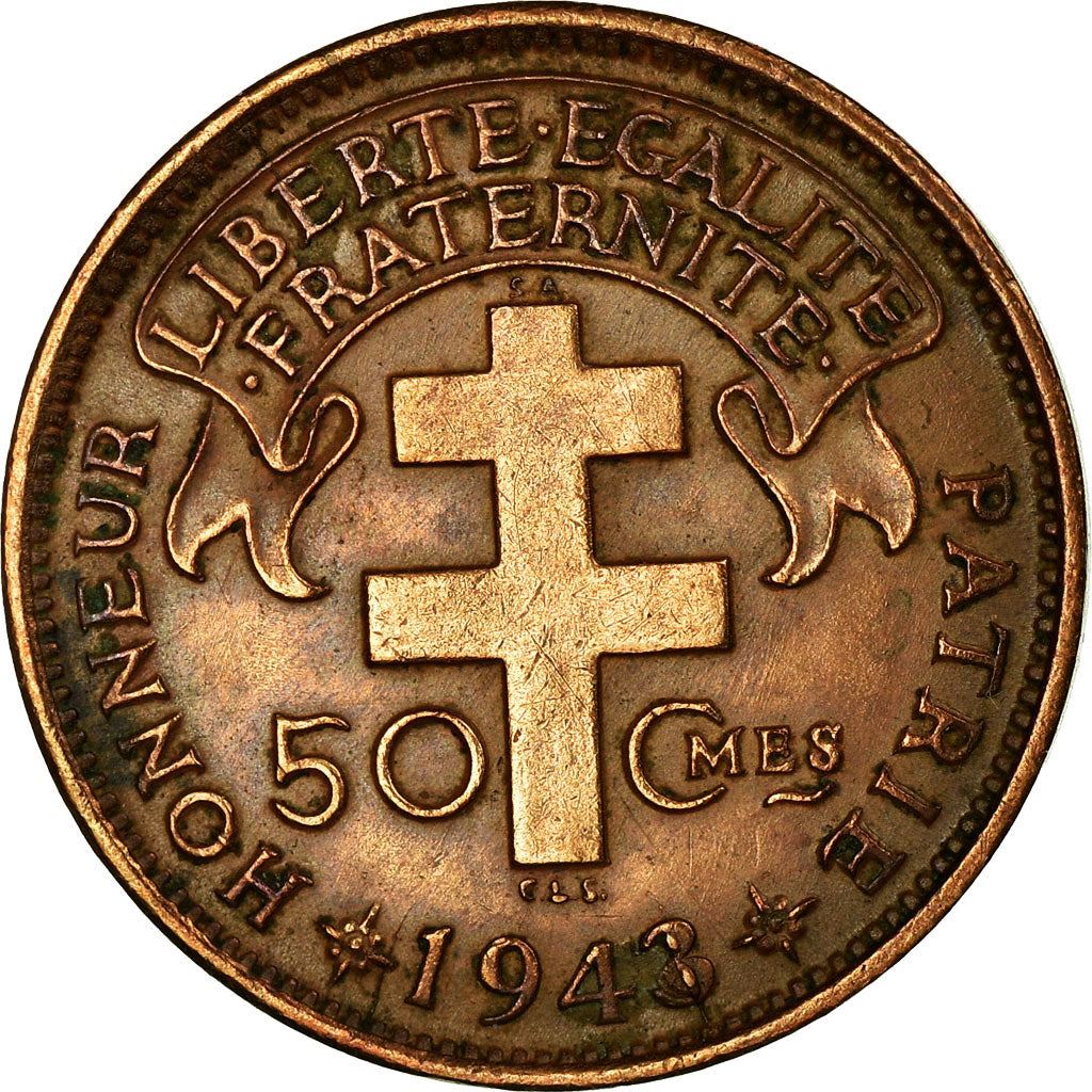 French Cameroon | 50 Centimes Coin | Rooster | Lorraine Cross | Km:6 | 1943