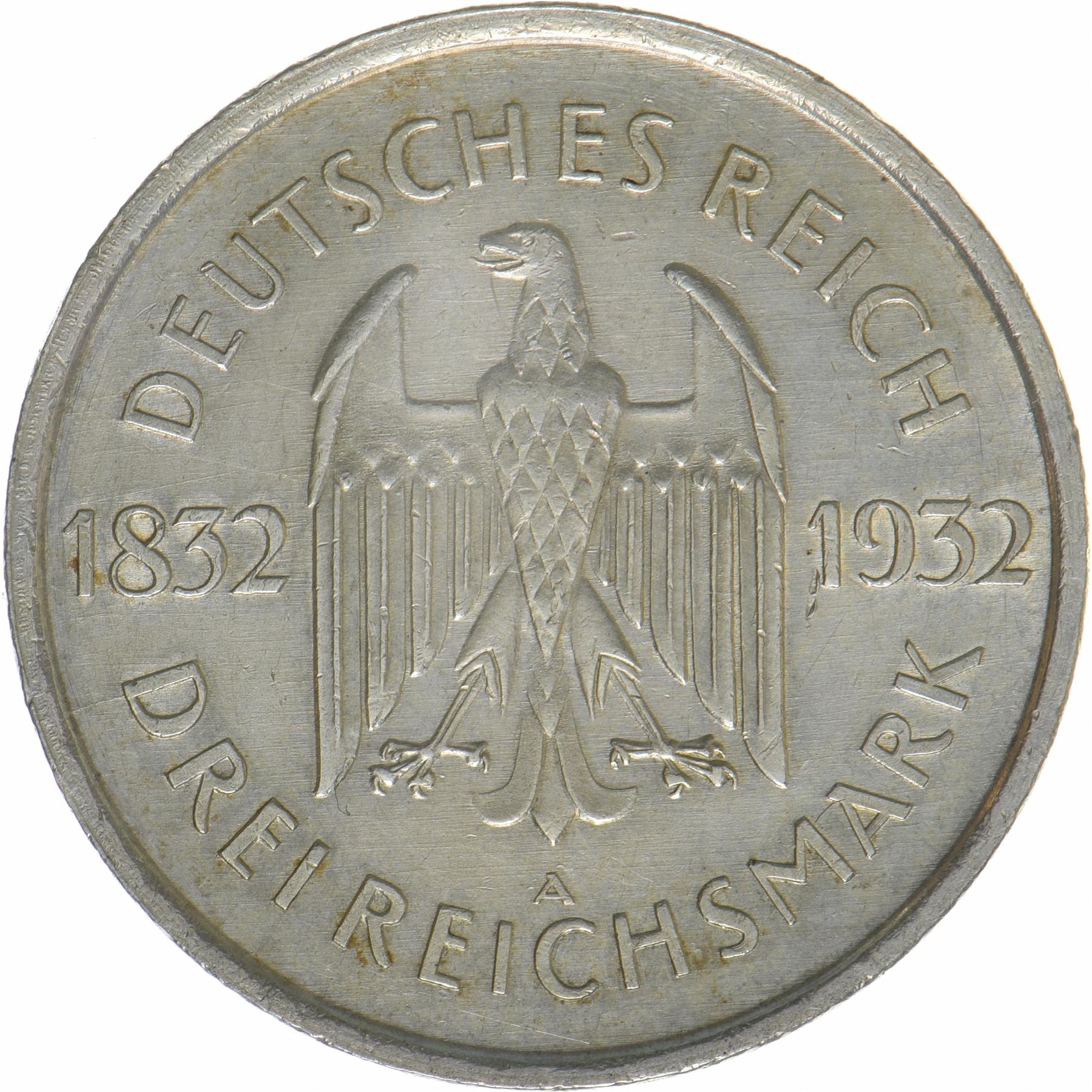 Germany | 3 Reichsmark Coin | Goethe | KM:76 | 1932