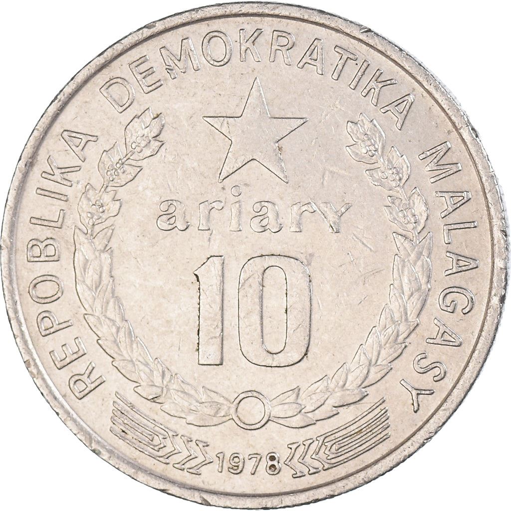 Madagascar | 10 Ariary Coin | Star | Worker | Peat | Km:13 | 1978