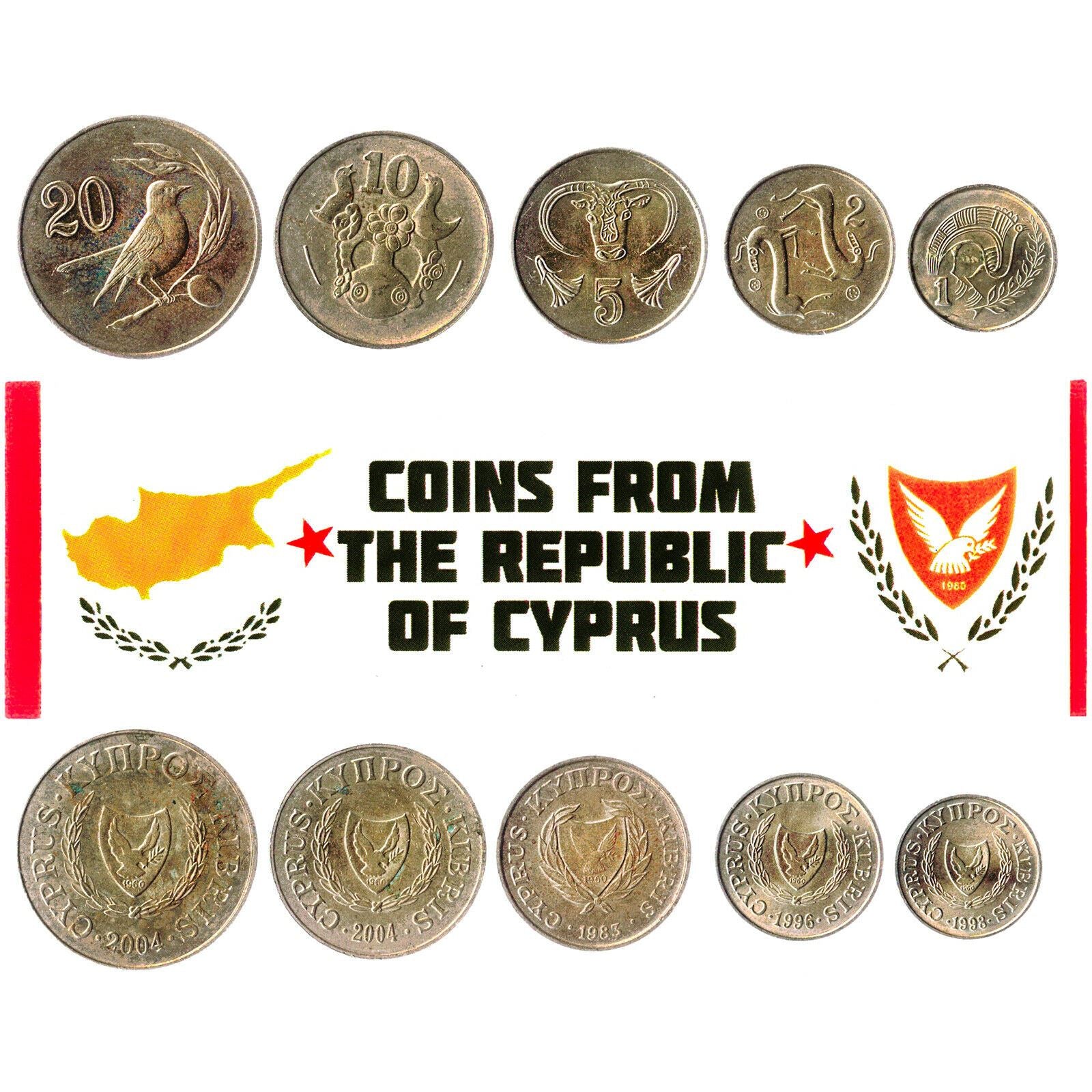 5 Mixed Coins From Cyprus | Cents | Mils | Ancient Cypriot Symbols | 1955 - 2007