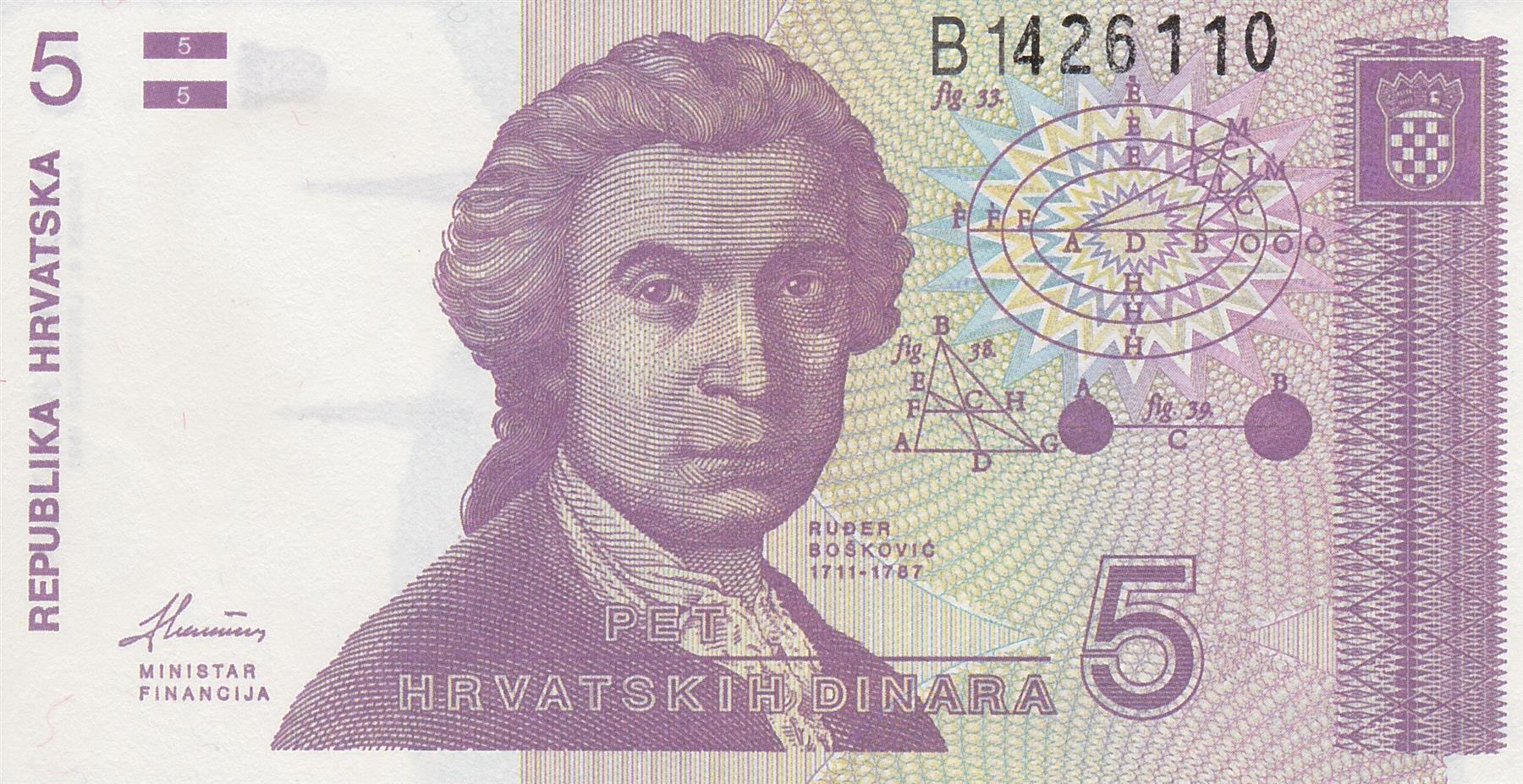 Croatia | 5 Dinara Banknote | 1991 | Ruđer Bošković | Zagreb Cathedral