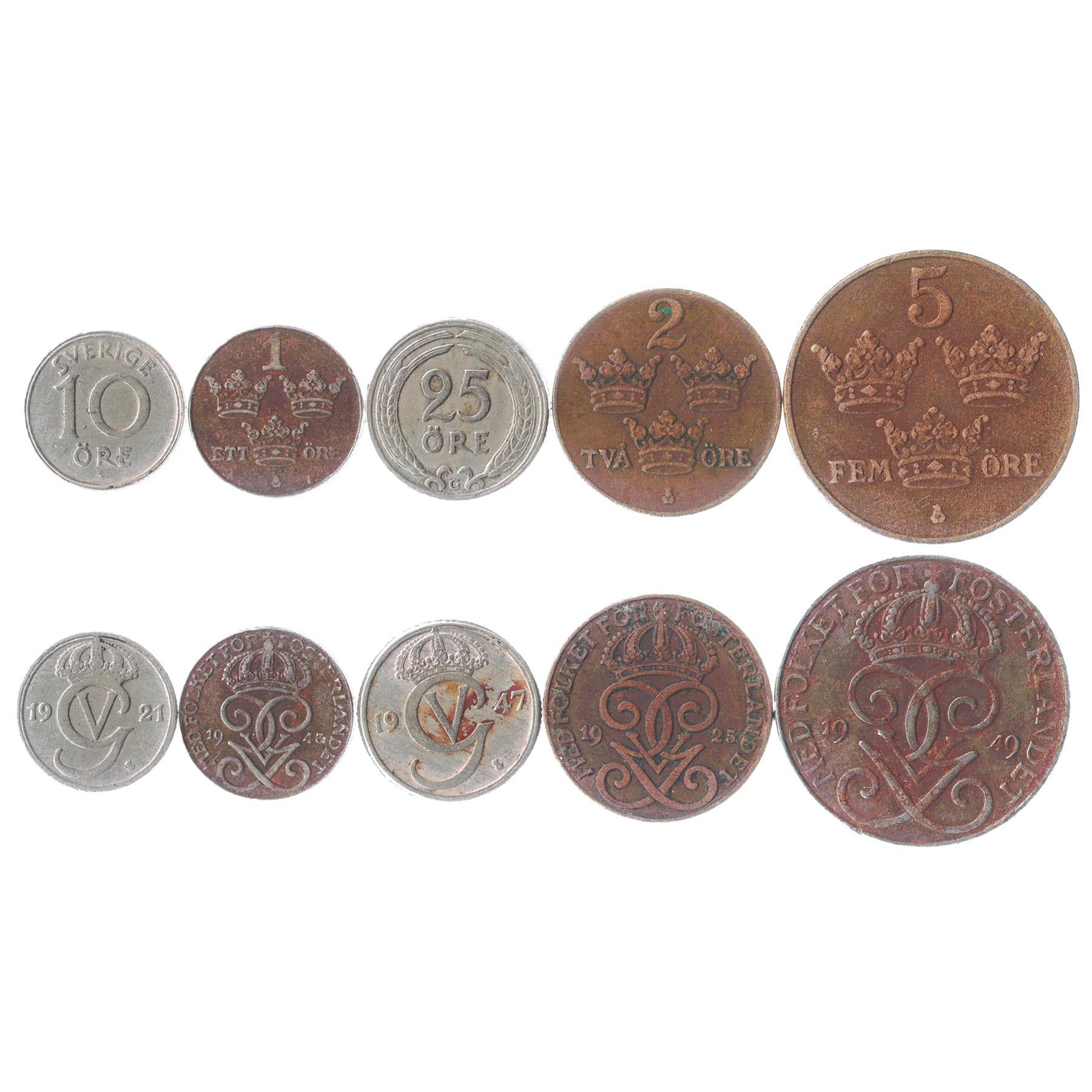 5 Old Coins From Sweden 1909-1950 Swedish Money Kings Gustaf Vi Adolf Gustav V