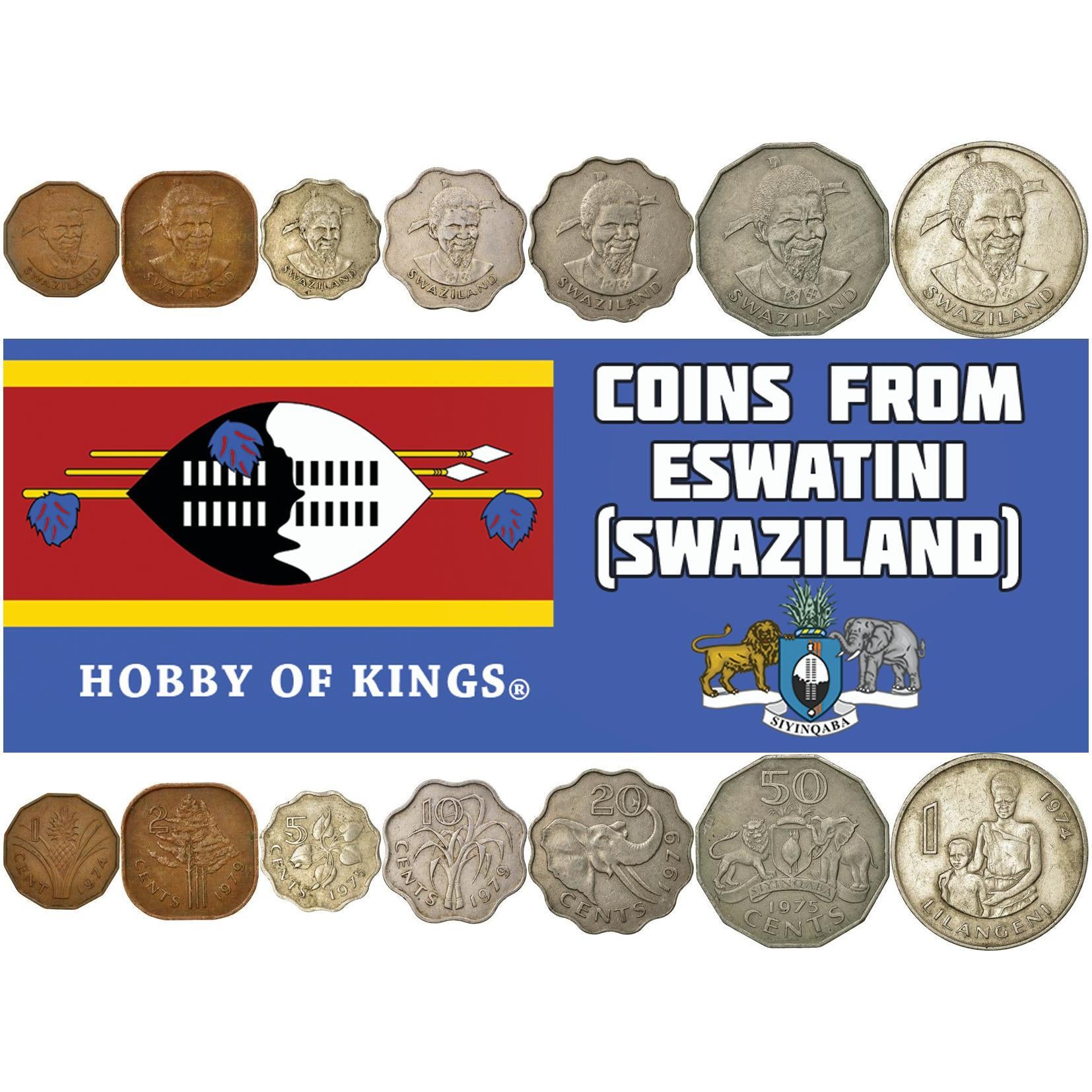 Kingdom of Swaziland | 7 Coin Set | 1 Cent 2 5 10 20 50 Cents 1 Lilangeni | 1974 - 1983