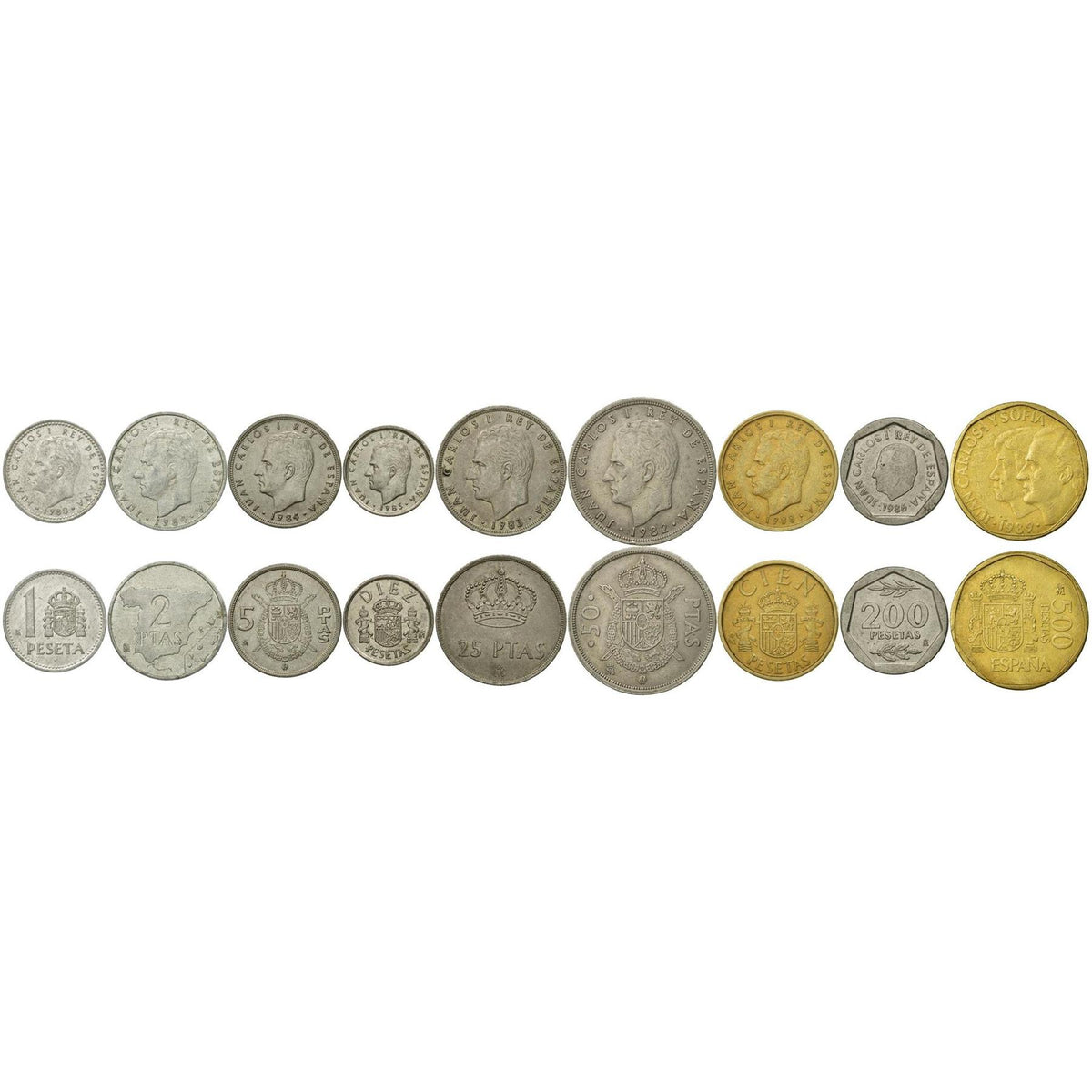 Spansk myntset med 9 mynt 1 2 5 10 25 50 100 200 500 Pesetas | Juan Carlos I | Spanien | 1982 - 1990