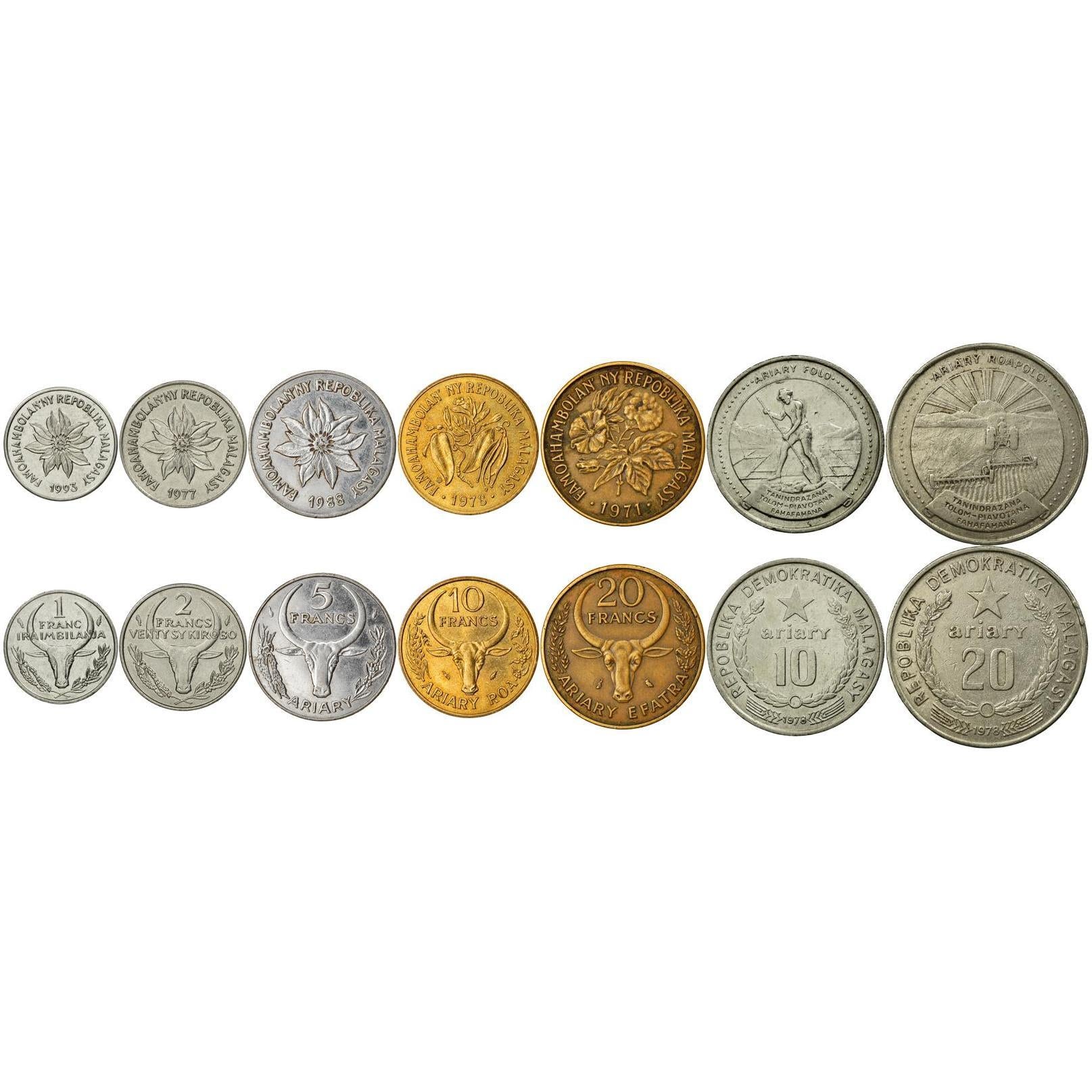 Madagascar | 7 Coin Set | 1 Franc 2 Francs 5 Francs / 1 10 Francs / 2 20 Francs / 4 10 20 Ariary | 1965 - 2002