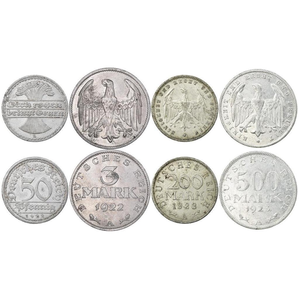 Tyska riket 4 myntset 50 Pfennig 3 200 500 Mark | Kejserlig örn | Weimarrepubliken | 1919 - 1923
