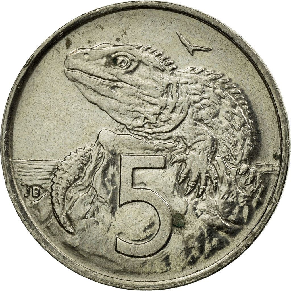 New Zealander 5 Cents Mynt | Dronning Elizabeth II | Tuatara Øgle | KM116 | 1999 - 2006