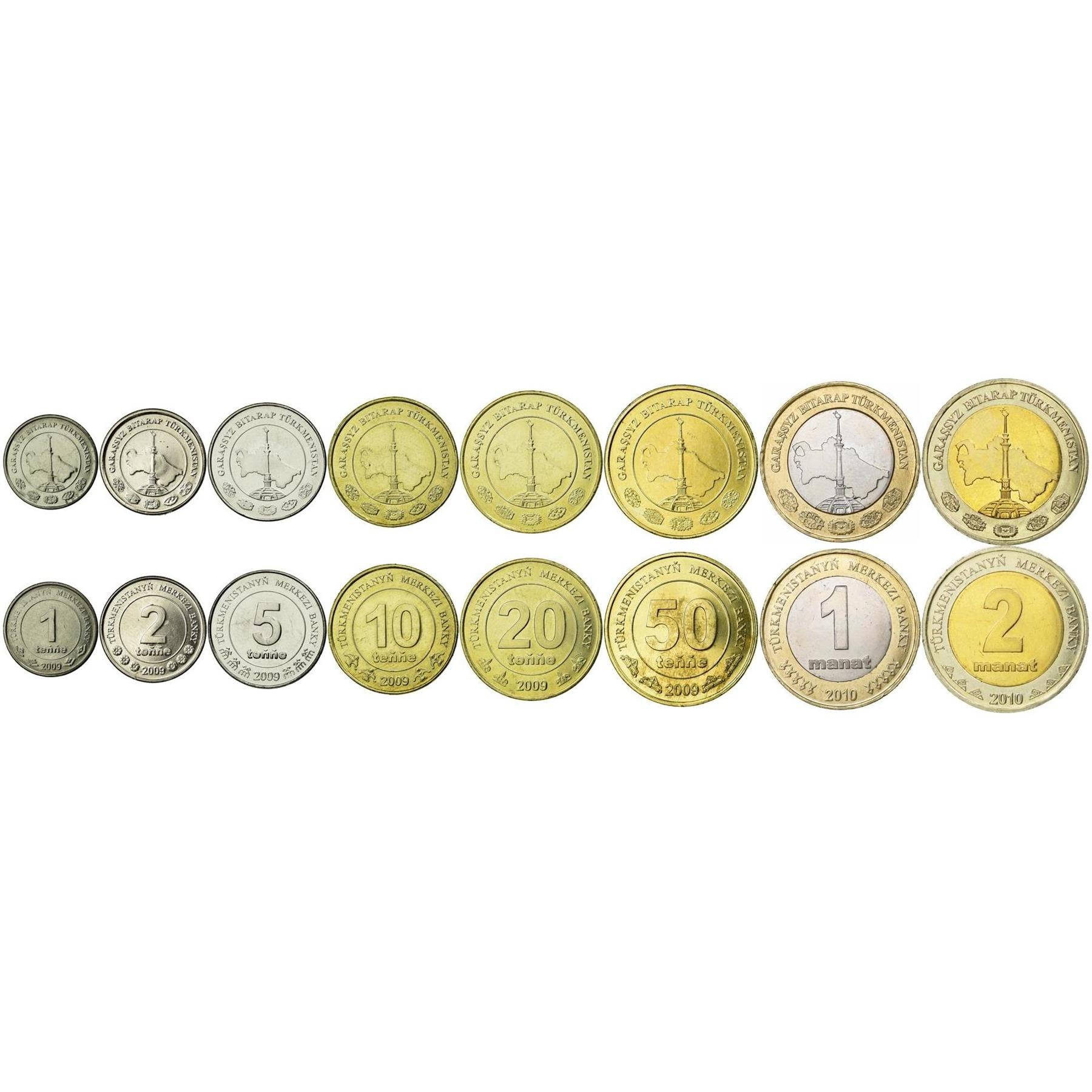 Turkmen 8 Coin Set 1 2 5 10 20 50 Teňňe 1 2 Manat | Independence Monument | Turkmenistan | 2009 - 2010