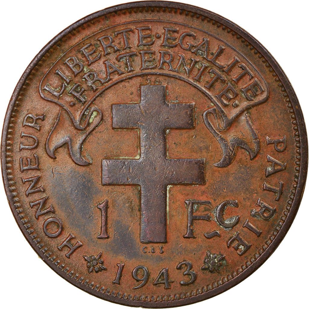 French Cameroon | 1 Franc Coin | Rooster | Lorraine Cross | Km:5 | 1943