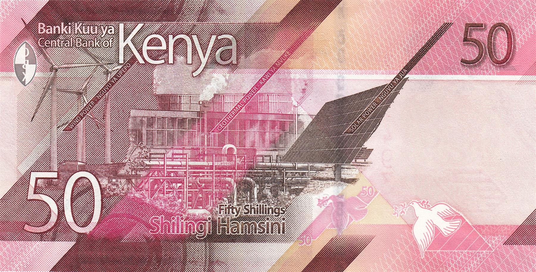 Kenya | 50 Shillings Banknote | 2019 - 2024 | Kenyatta Statue | Mountains | Buffalo Head | Renewable Energy