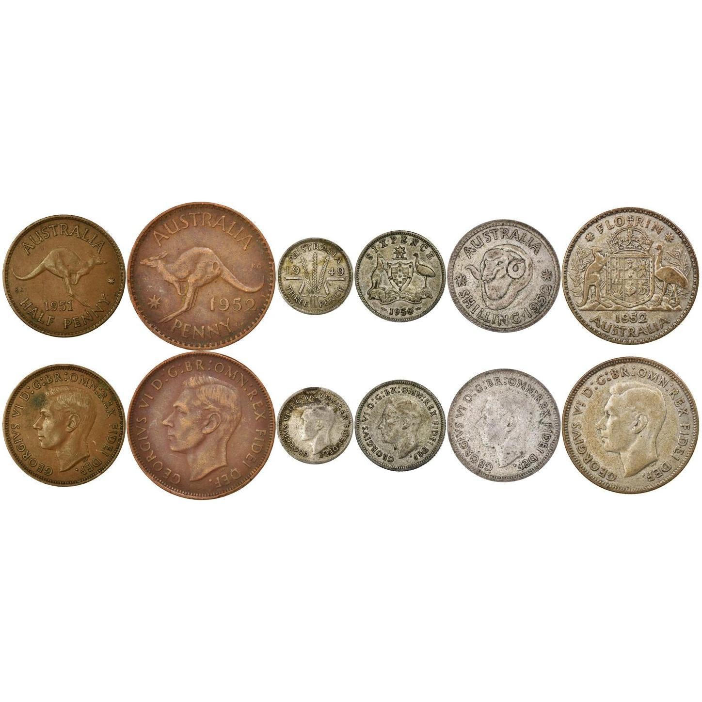 Australia | 6 Coin Set | 1/2 1 Penny 3 6 Pence 1 Shilling 1 Florin | 1949 - 1952