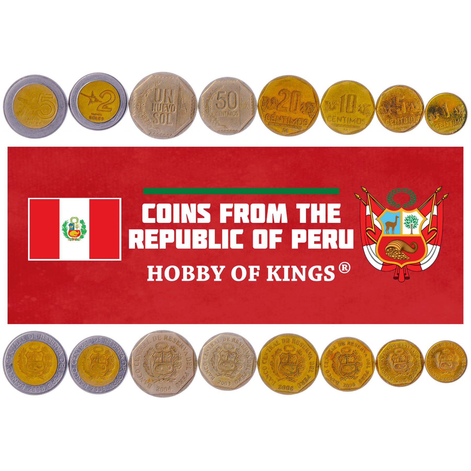 Set de 8 Monedas Peruanas 1 5 10 20 50 Céntimos 1 2 5 Nuevos | Corona de laurel | Colibrí | Líneas de Nazca | Escudo de Perú | Cóndor | 2001 - 2012
