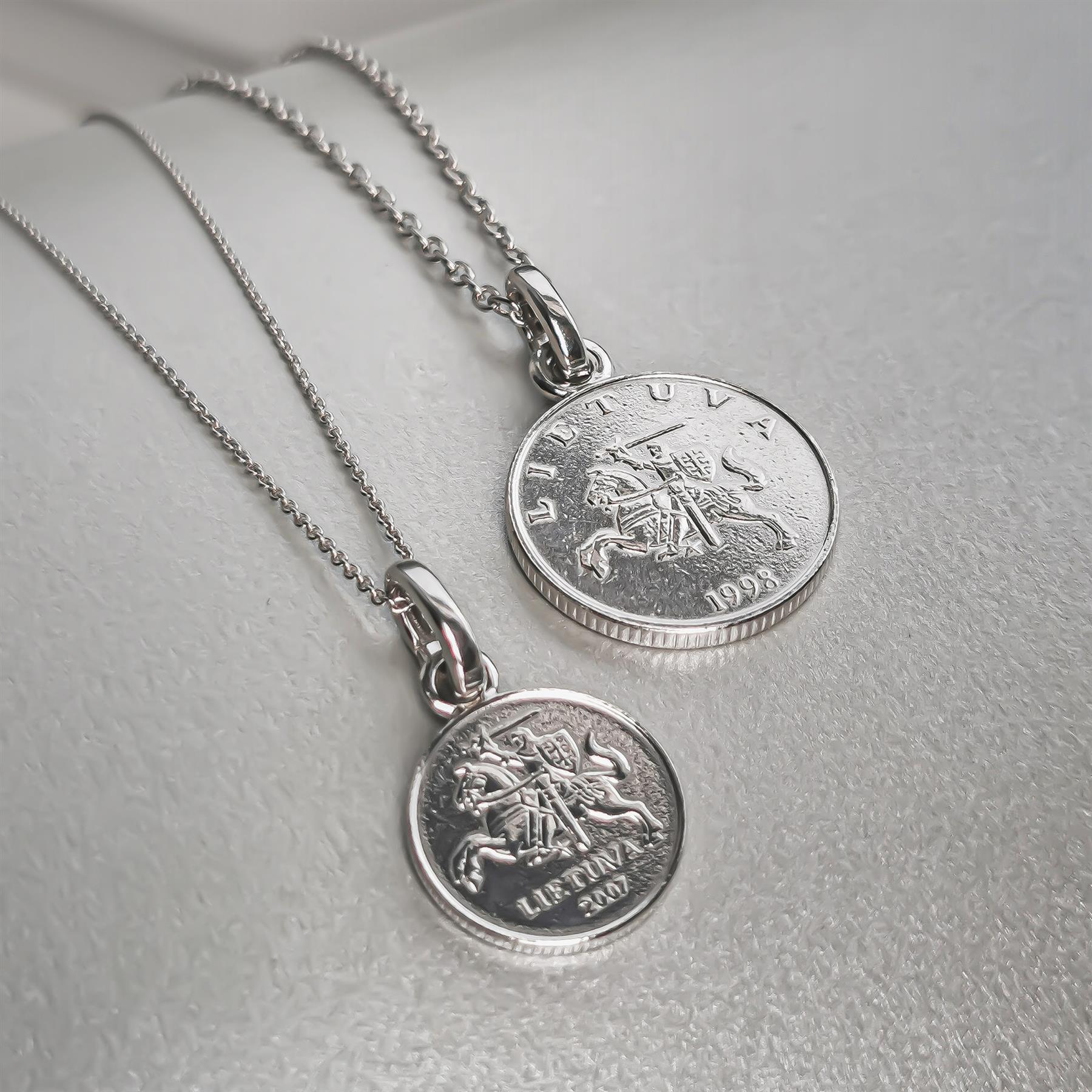 Lithuanian 1 Litas Coin Charm | 925 Sterling Silver Rhodium Plated | 1998 - 2014