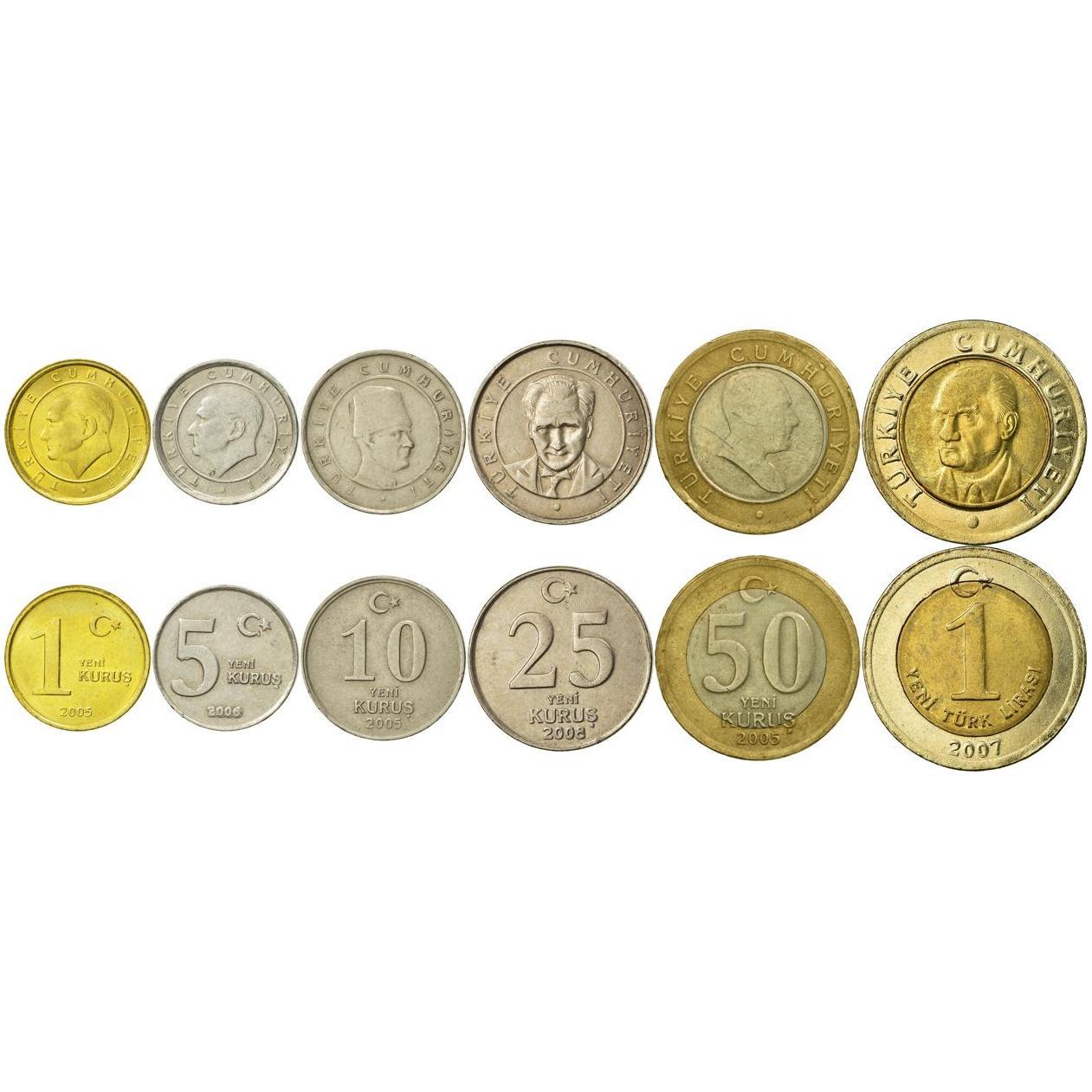 Turkey | 6 Coin Set | 1 Yeni 5 Yeni 10 Yeni 25 Yeni 50 Yeni Kurus 1 Yeni Lira | 2005 - 2009
