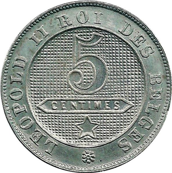 Belgian 5 Centimes Coin | Leopold II Belgique | Lion | Star | KM40 | 1894 - 1901