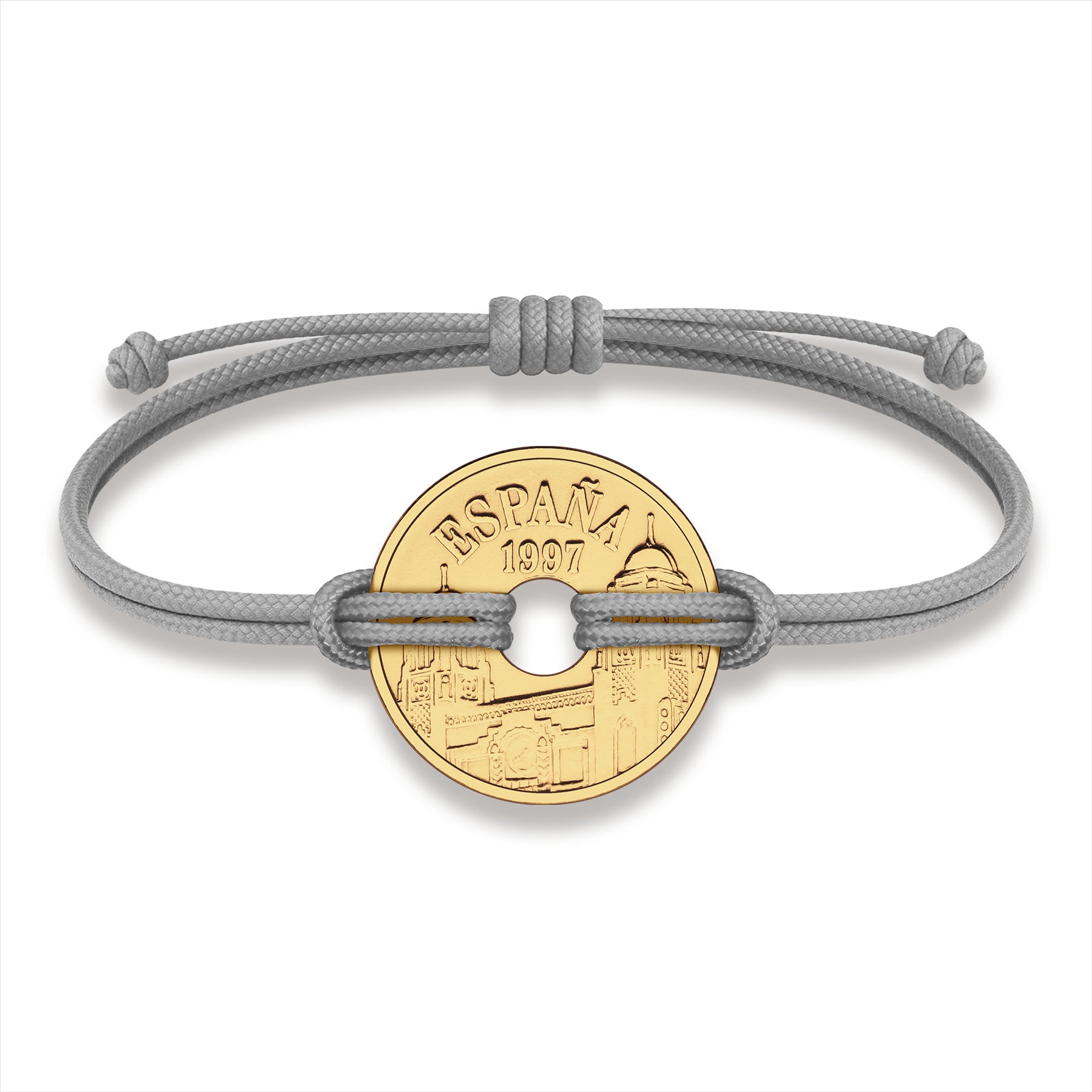 Good Luck Coin Bracelet | Gray String Thread Wristband | Spanish 25 Pesetas 1997 | 18k Gold Plated Fortune Wealth & Protection