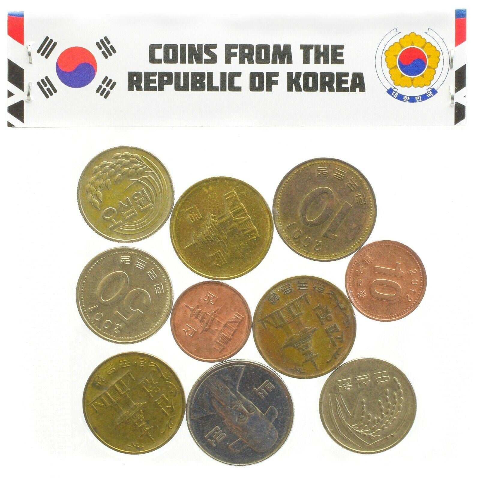 South Korea 10 Mixed Coins 100 Won | Geobukseon | Admiral Yi Sun-sin | Dabotap Pagoda | Manchurian crane | Rose of Sharon | 1966 - 2022