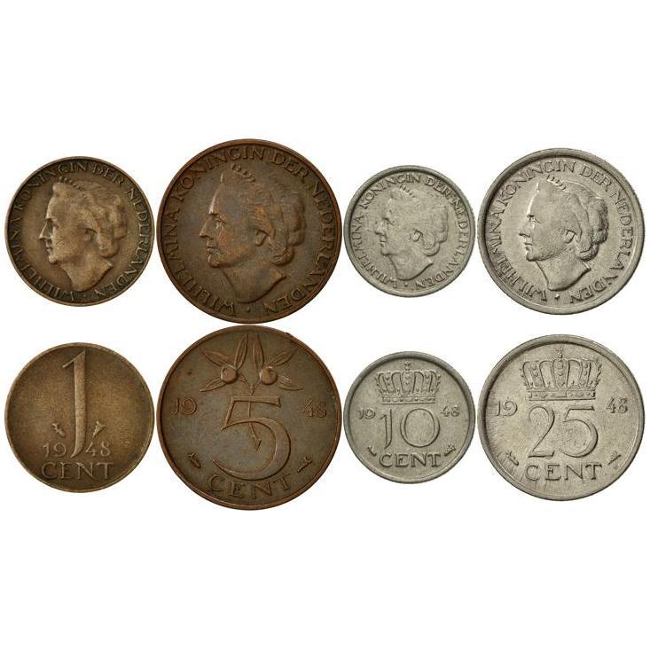 नीदरलैंड | 4 सिक्कों का सेट | 1 सेंट, 5, 10, 25 सेंट | 1948