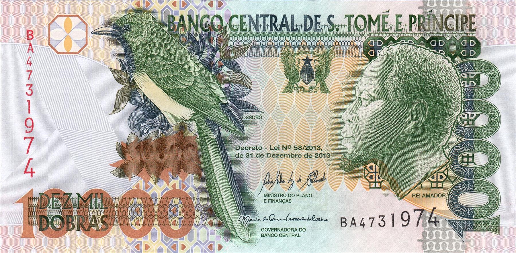 Sao Tome And Principe | 10 000 Dobras Banknote | 1996 - 2013 | Emerald Cuckoo Bird | Rei Amador | Bridge over River