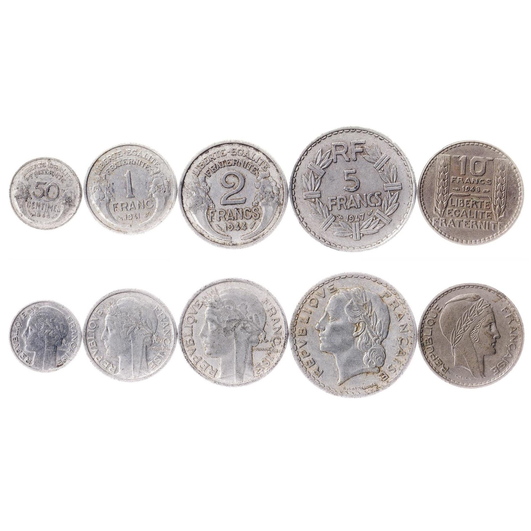 Set 5 Coins France 50 Centimes 1 2 5 10 Francs 1941 1944 - 1949