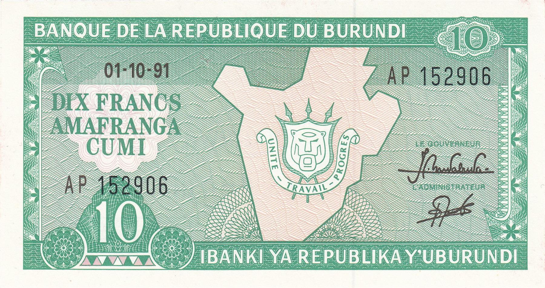 Burundi | 10 Francs Banknote | 1981 - 2007 | Map of Burundi