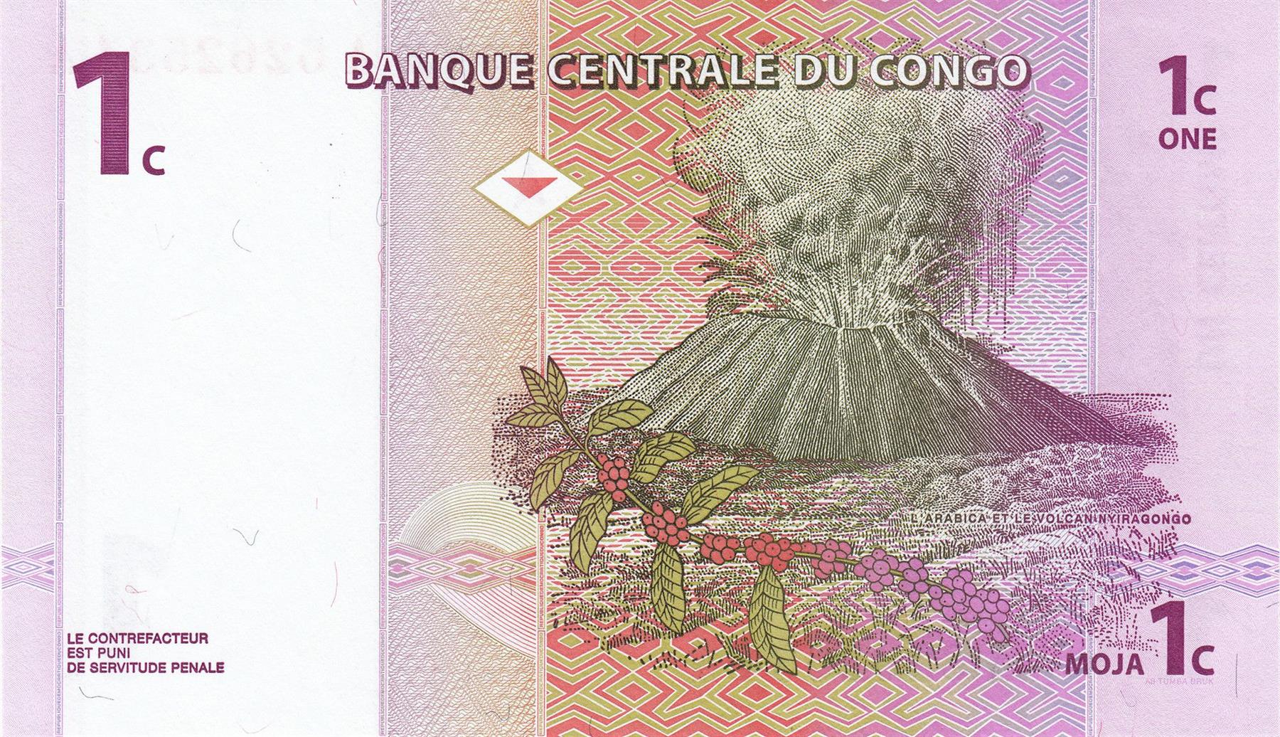 Democratic Republic of The Congo | 1 Centime Banknote | 1997 | Coffee Beans | Farmer | Nyiragongo Volcano | Eruption