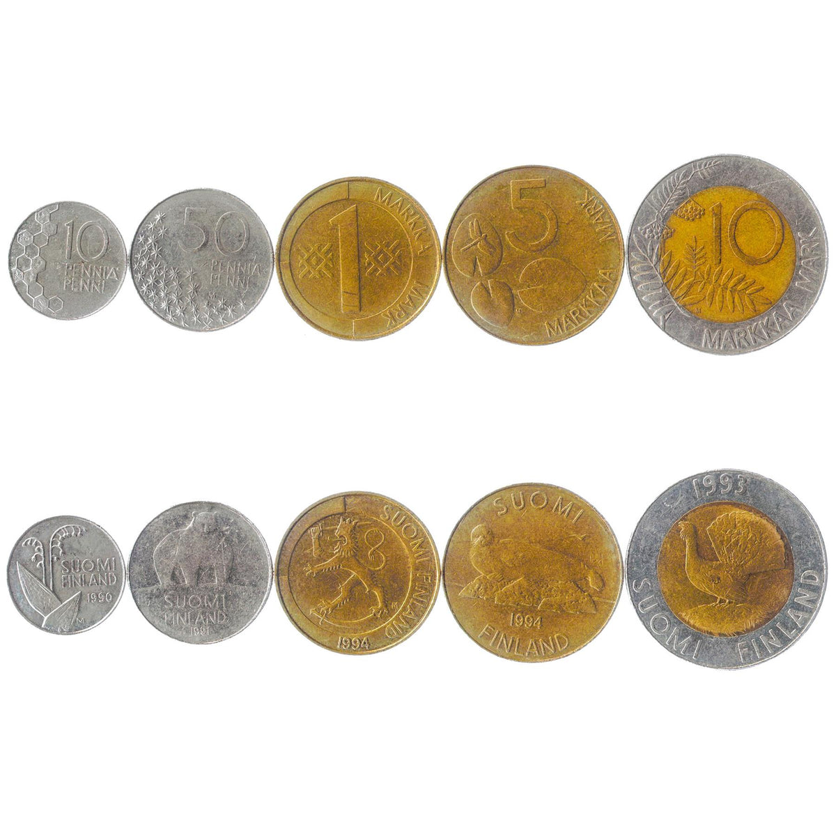 Finland | 5 Coin Set | 10 50 Pennia 1 Markka 5 10 Markkaa | 1990 - 2001