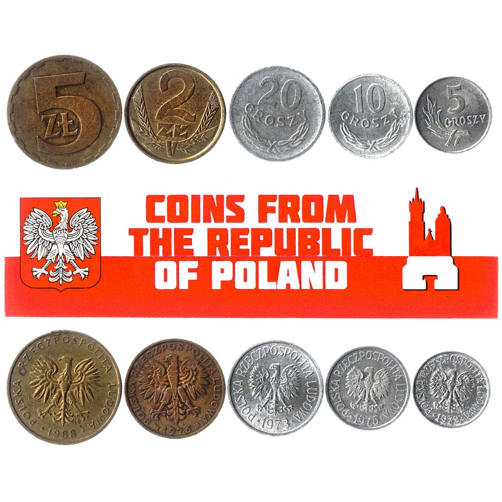 5 Monedas de Polonia | Moneda Polaca Mixta | Grosz | Zloty | Desde 1949