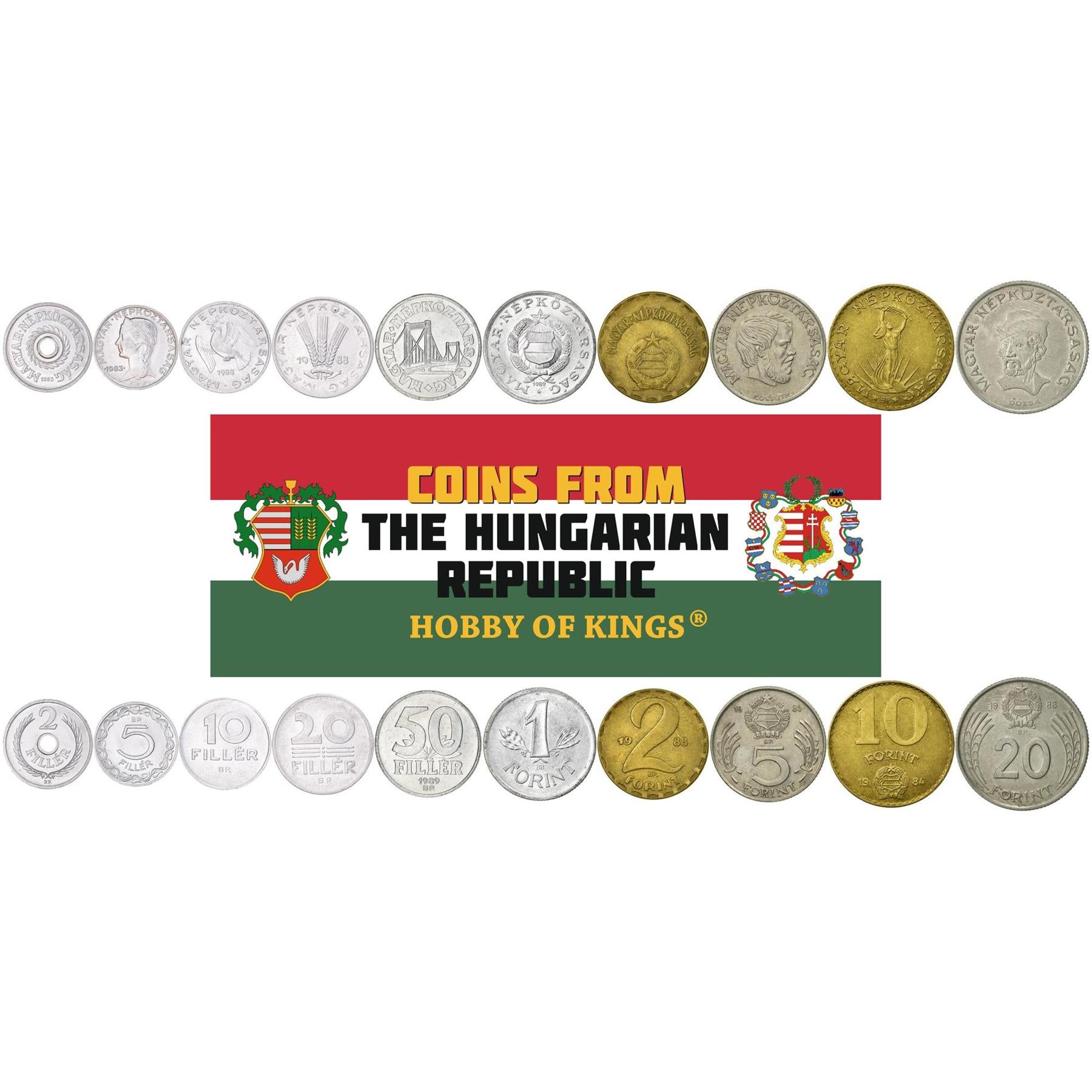 Hungarian 10 Coin Set 2 5 10 20 50 Filler 1 2 5 10 20 Forint | Lajos Kossuth | Gyorgy Dozsa | Dove | Liberty | Elisabeth Bridge | Hungary | 1981 - 1989