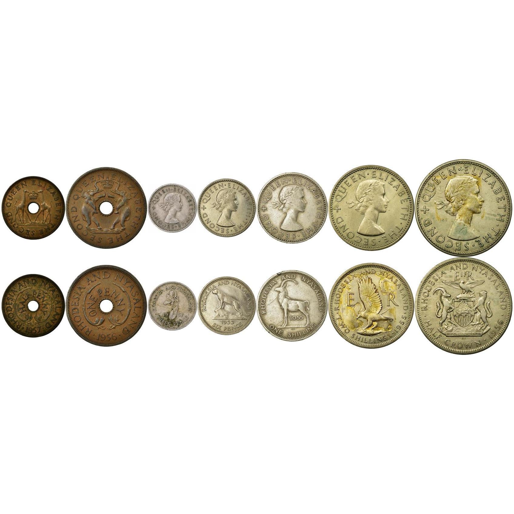 Rhodesia and Nyasaland | 7 Coin Set | 1/2 1 Penny 3 6 Pence 1 Shilling 2 Shillings 1/2 Crown | 1955 - 1964