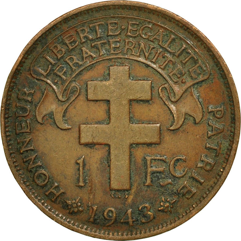 French Cameroon | 1 Franc Coin | Rooster | Lorraine Cross | Km:7 | 1943