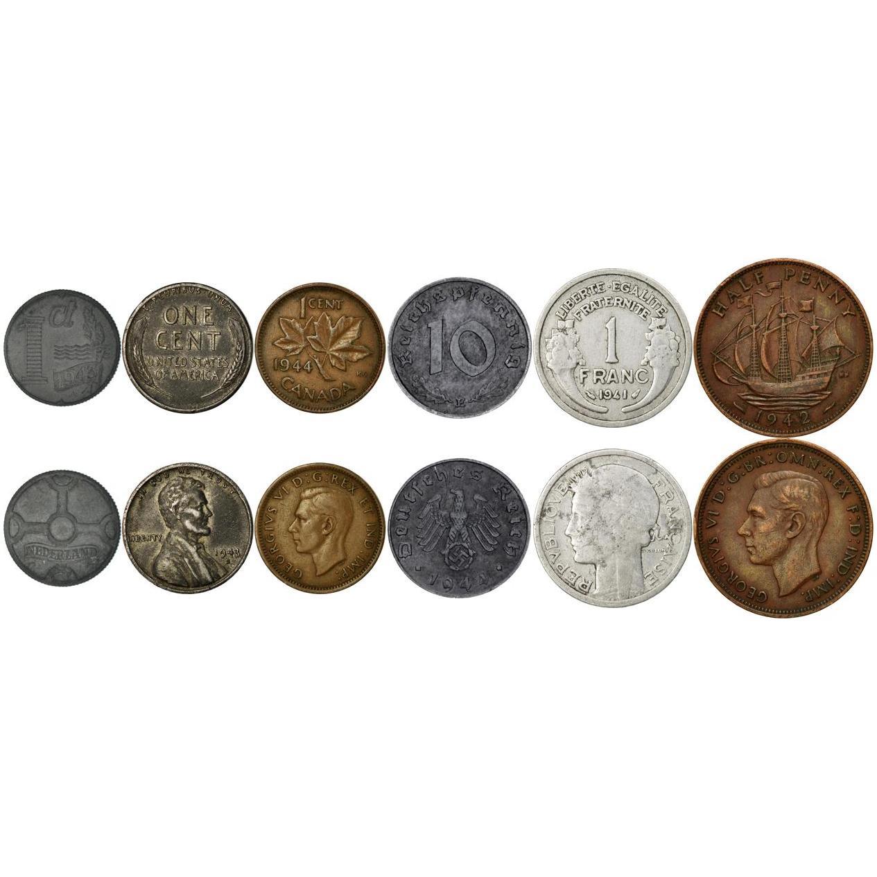 D-Day Coin Collection - Battle of Normandy - 6 Coins - Third Reich, Great Britain, USA, Canada, Free France, Netherlands