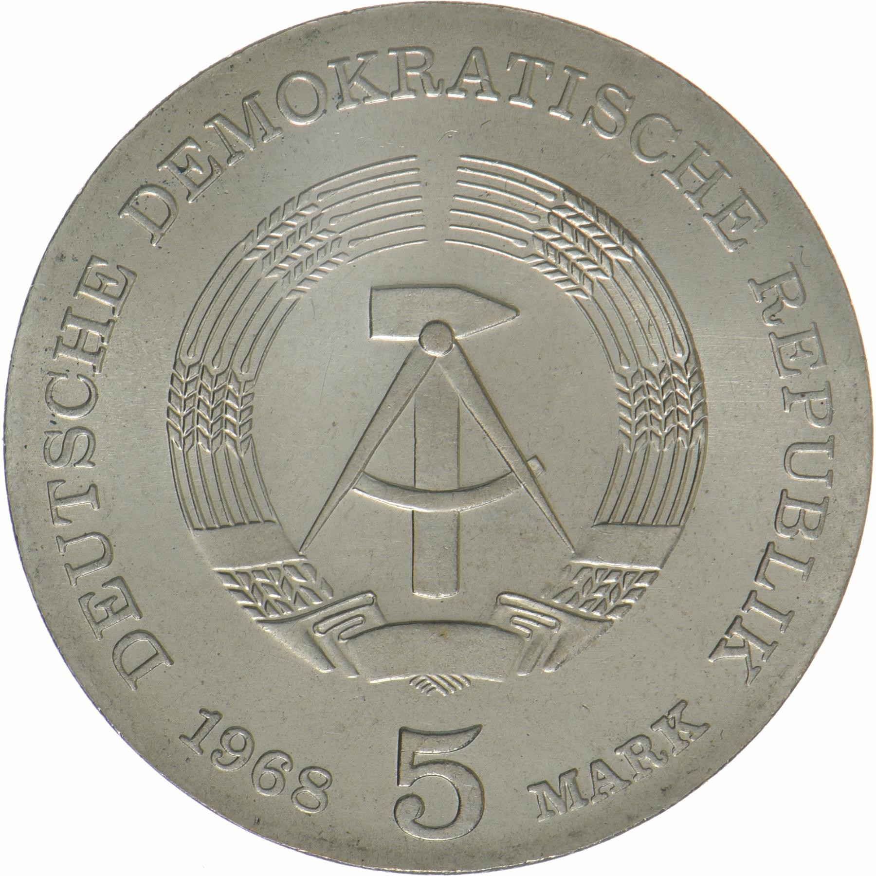 Vokietijos Demokratinė Respublika | 5 markių moneta | Robertas Kochas | KM:19 | 1968 m.