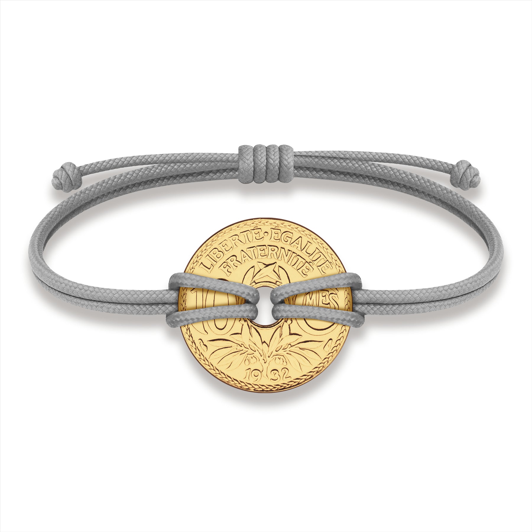 Good Luck Coin Bracelet | Gray String Thread Wristband | France Coin 10 Centimes | 18k Gold Plated Fortune Wealth & Protection