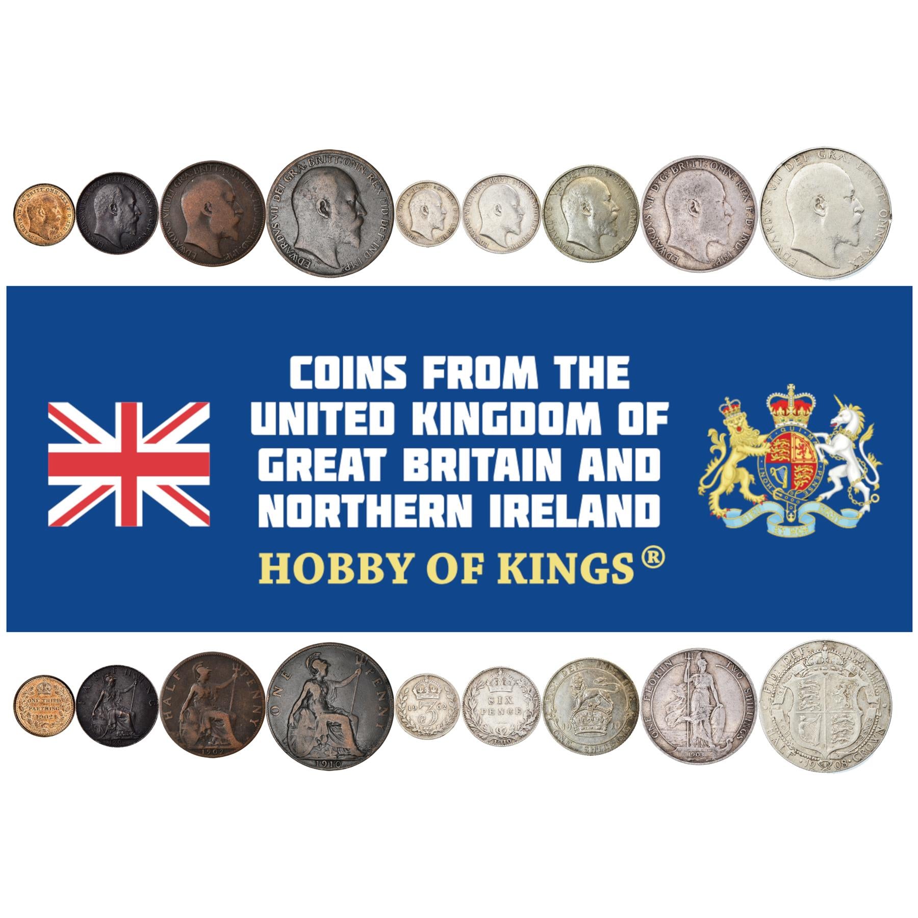 United Kingdom | 9 Coin Set | ⅓ 1 Farthing 1/2 1 Penny 3 6 Pence 1 Shilling 1 Florin 1/2 Crown | 1902 - 1910