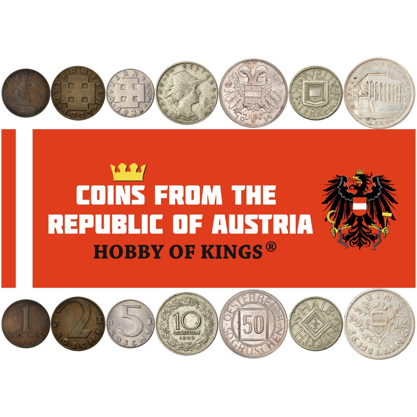 Austria | 7 Coin Set | 1 2 5 10 50 Groschen 1/2 1 Schilling | Cross Potent | Tyrol Woman | Floral Wreath | Austrian Escutcheon | Austrian Parliament | 1925 - 1934
