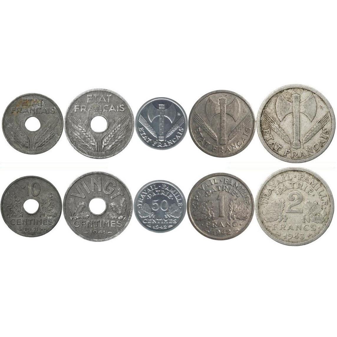 Francia | Set da 5 monete | 10 20 50 centesimi 1 2 franchi | Foglie di quercia | VINGT | Ascia | 1941 - 1944