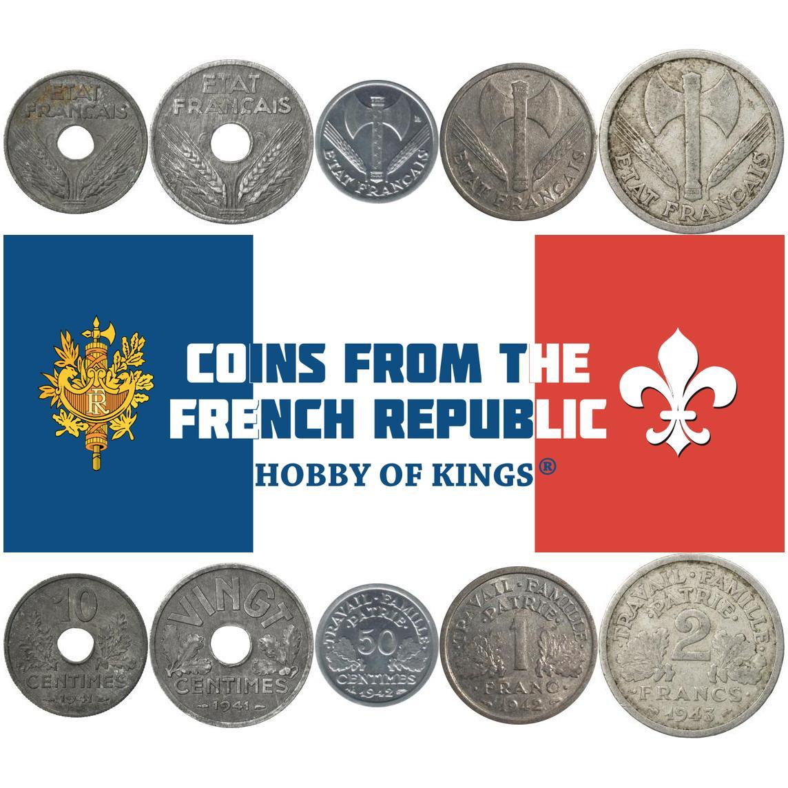 Francia | Set da 5 monete | 10 20 50 centesimi 1 2 franchi | Foglie di quercia | VINGT | Ascia | 1941 - 1944