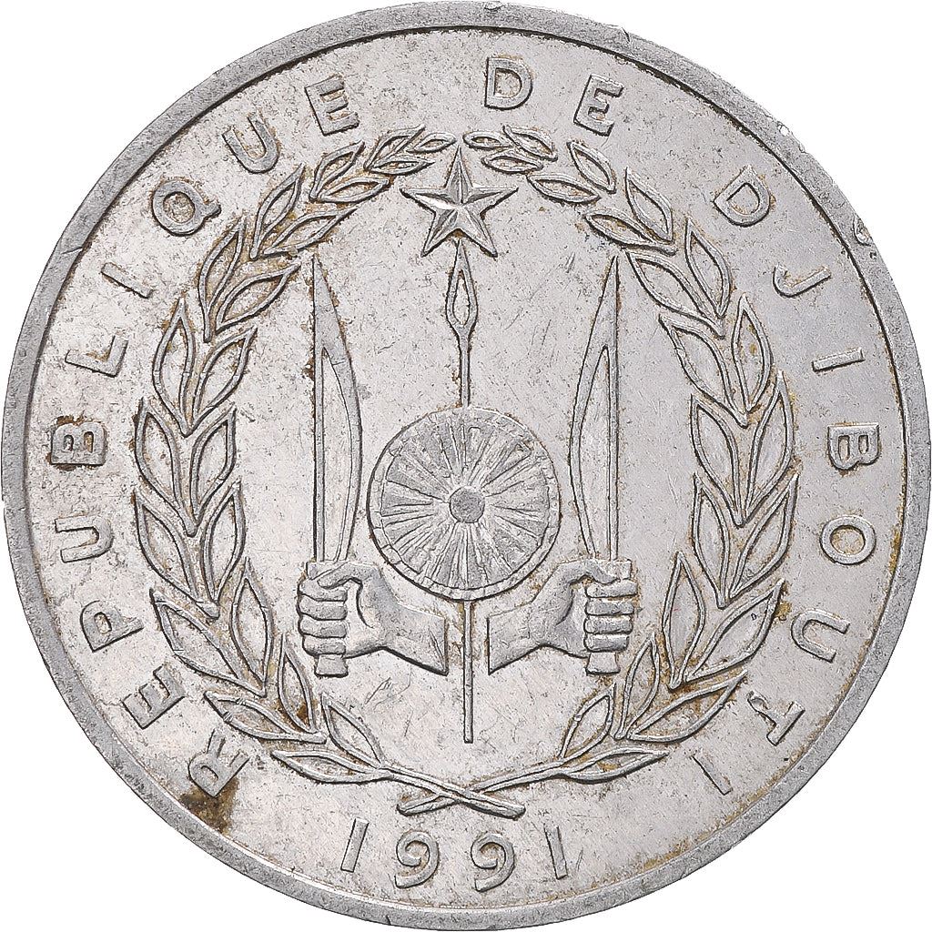 Djibouti | 5 Francs Coin | Knife | Spear | Shield | Waterbuck | Km:22 | 1977 - 1999