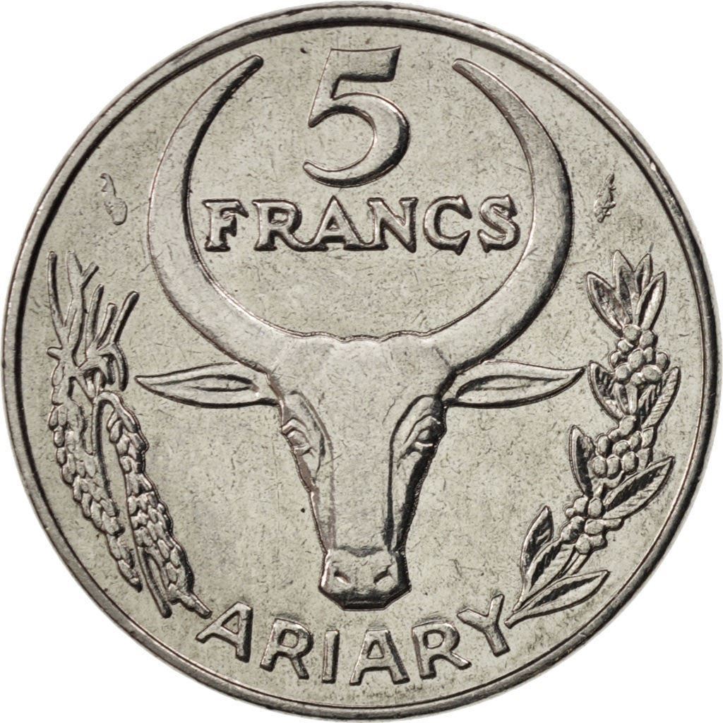 Madagascar | 5 Francs / 1 Ariary Coin | Zebu | Flower | Km:10 | 1966 - 1989