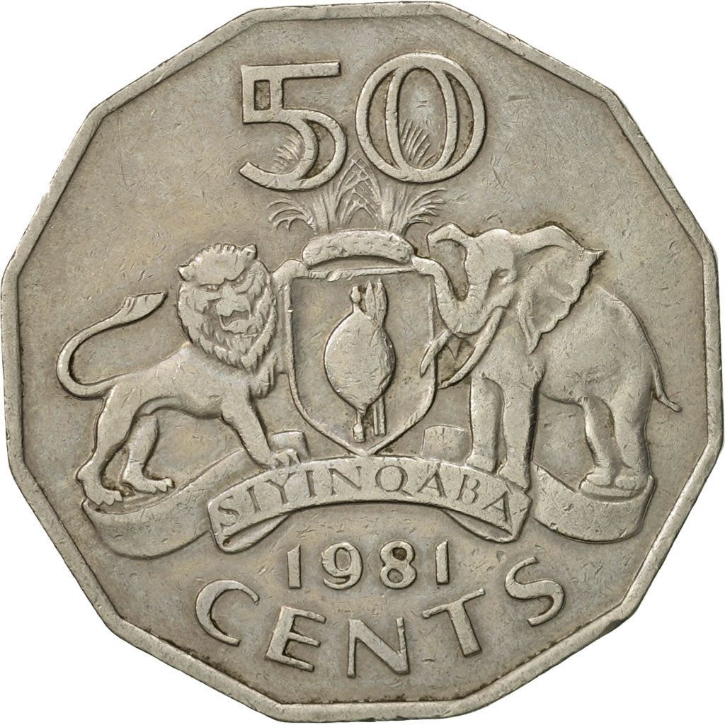 Esvatinis 50 centų moneta | Karalius Sobhuza II | Liūtas | Dramblys | KM12 | 1974 - 1981