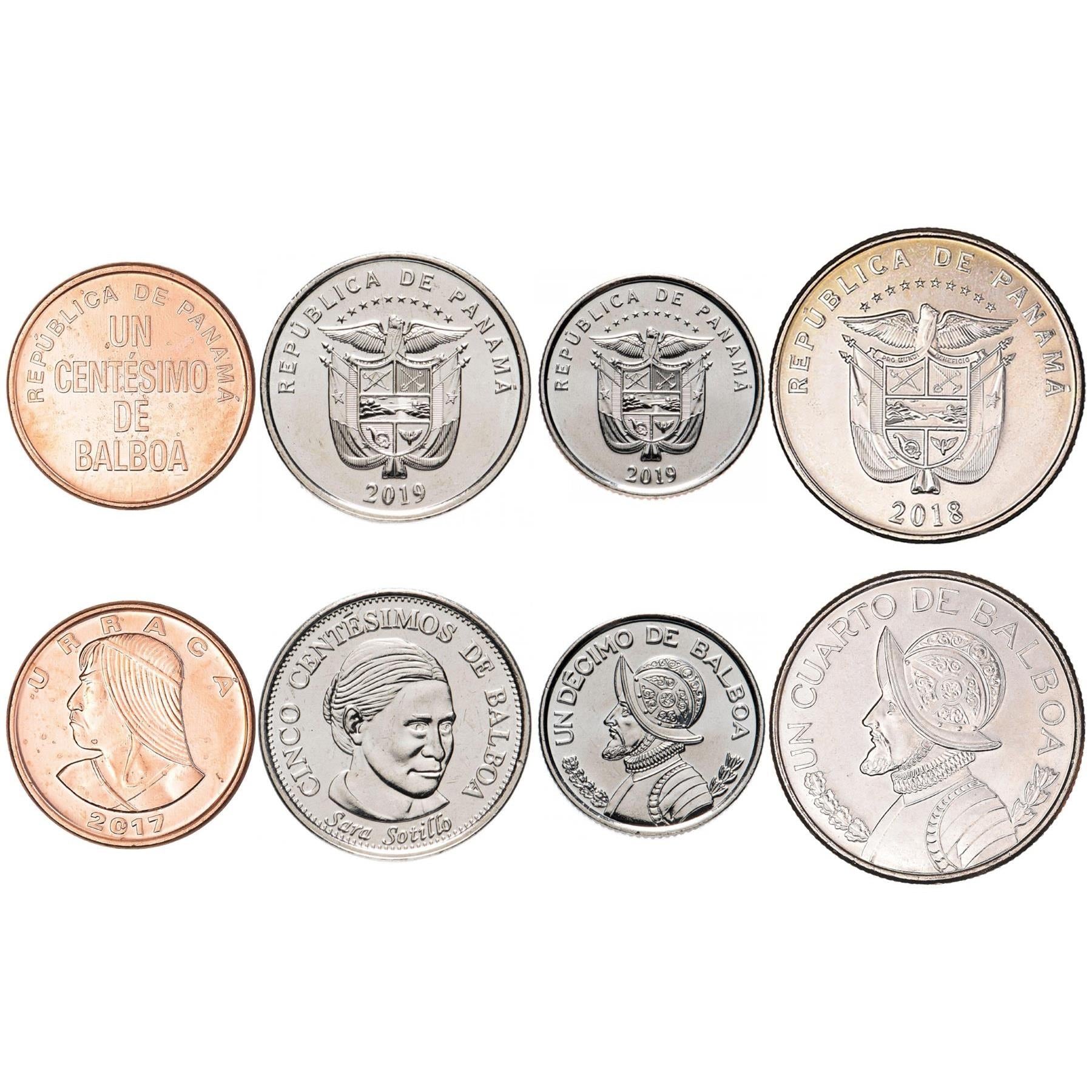 Panamanian 4 Coin Set 1 5 Centesimos 1/10 1/4 Balboa | Urraca | Sara Sotillo | Vasco Núñez De Balboa | Panama | 2017 - 2019