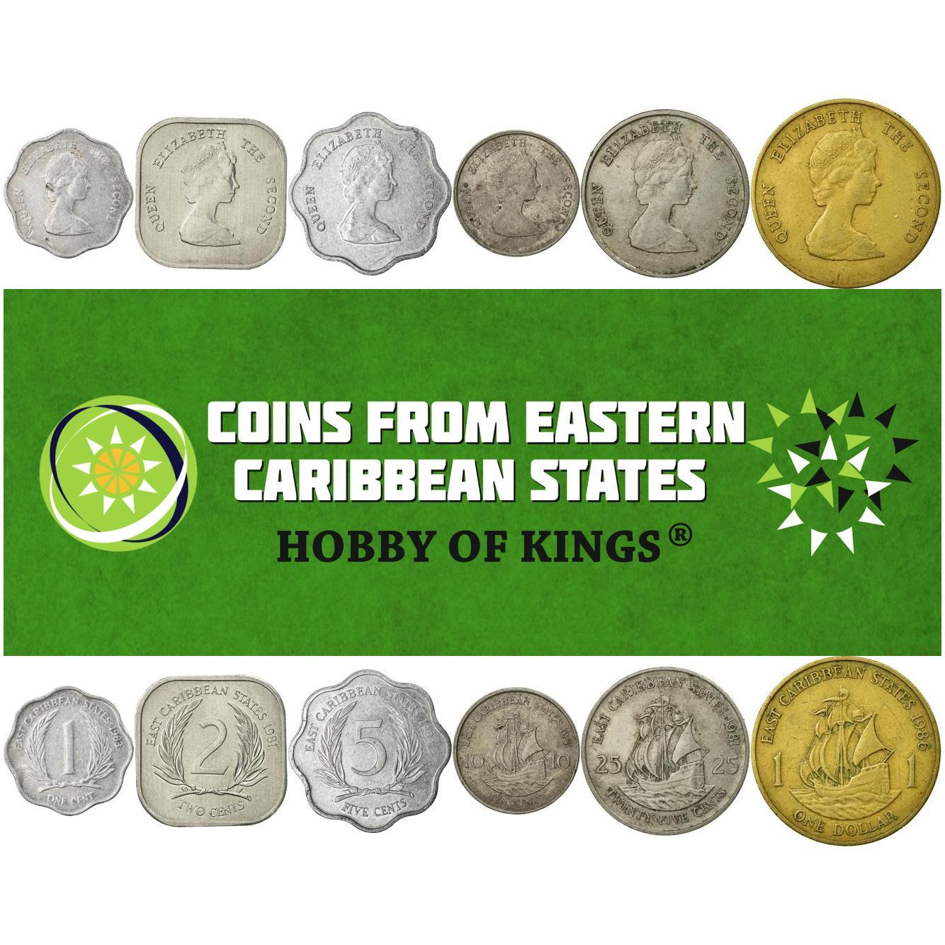 Caribe Oriental | Set de 6 Monedas | 1 Centavo 2 5 10 25 Centavos 1 Dólar | Frondas de Palma | Golden Hind | Elizabeth II | 1981 - 2001
