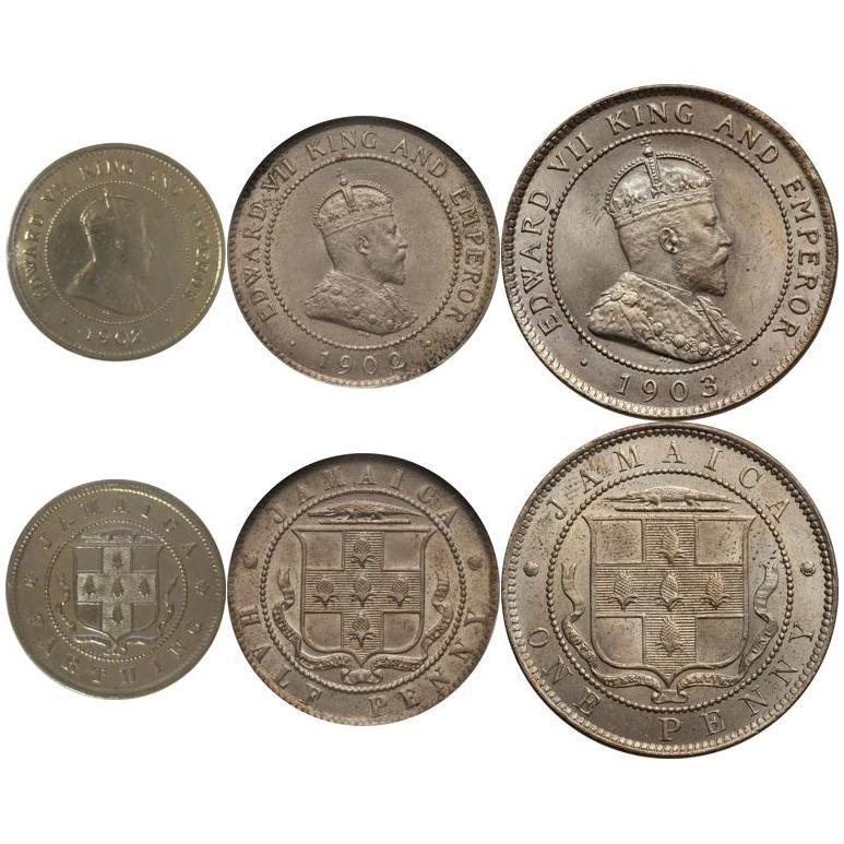 Jamaica | 3 Coin Set | 1 Farthing 1/2 1 Penny | King Edward VII | 1902 - 1903
