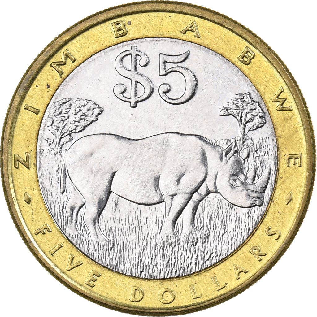 Zimbabwe | 5 Dollars Coin | Black Rhino | Km:13 | 2001 - 2003