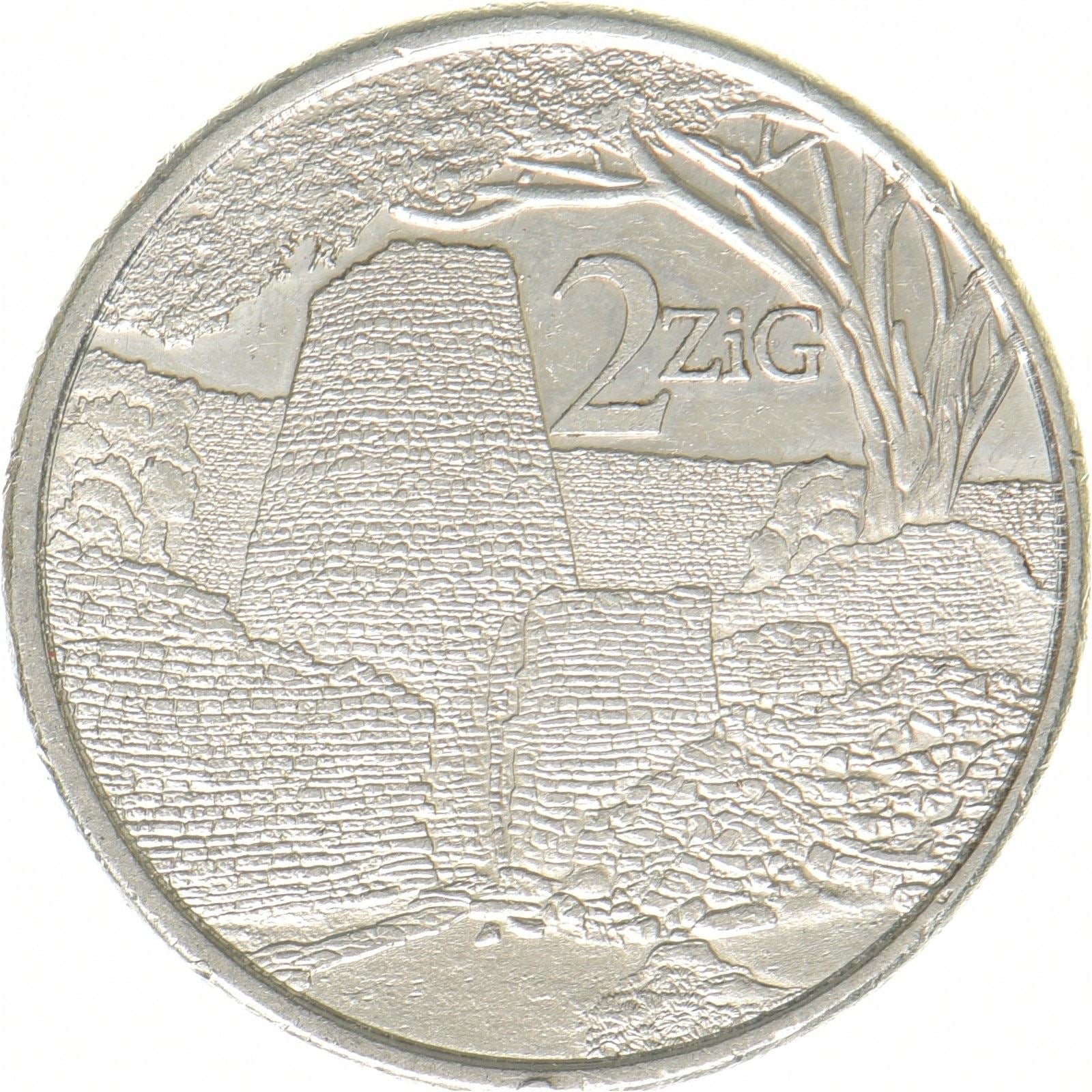 Zimbabwe | Pièce de 2 ZIG | Ruines du Zimbabwe | Acier plaqué nickel | UC : 3 | 2024