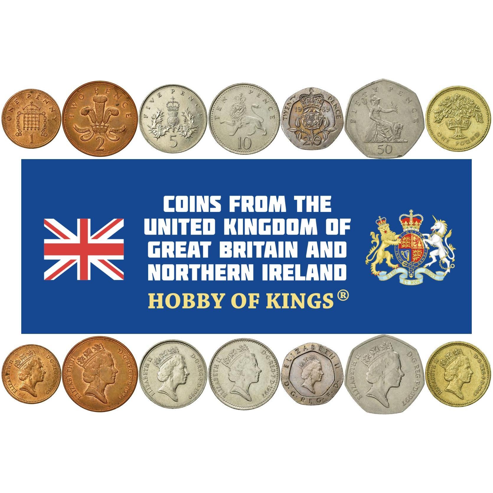 United Kingdom | 7 Coin Set | 1 Penny 2 5 10 20 50 Pence 1 Pound | 1985 - 1997