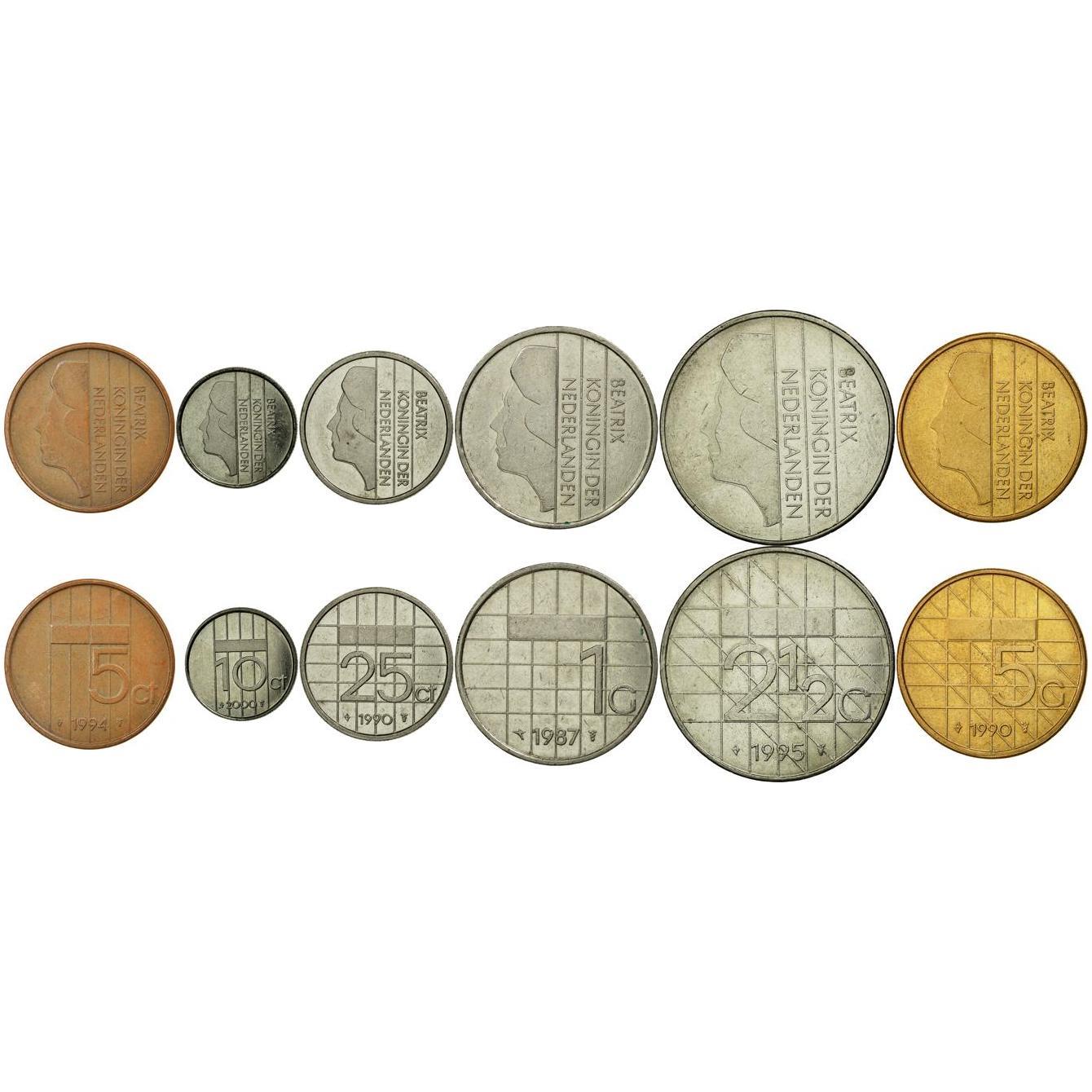 Netherlands | 6 Coin Set | 5 10 25 Cents 1 2.5 5 Gulden | 1982 - 2001