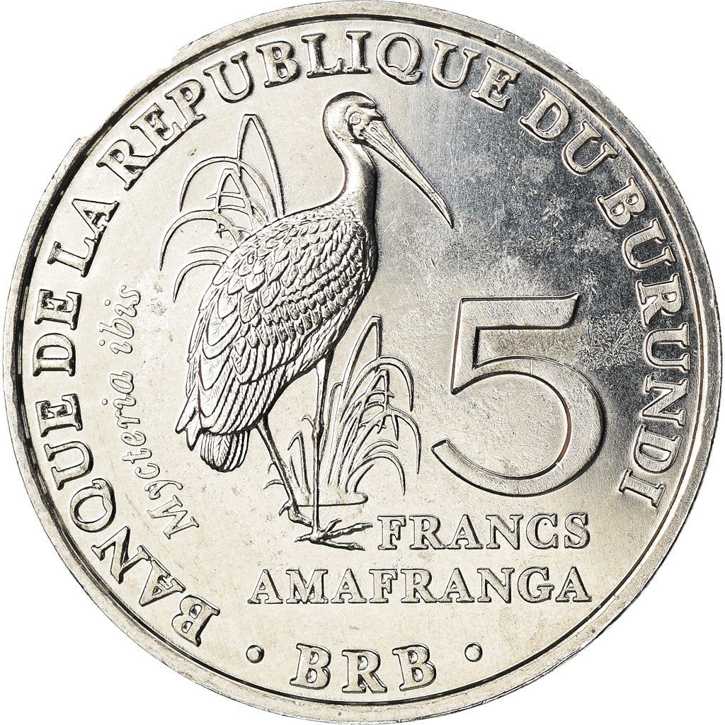 Burundi | 5 Francs Coin | Yellow-billed stork | Km:27 | 2014