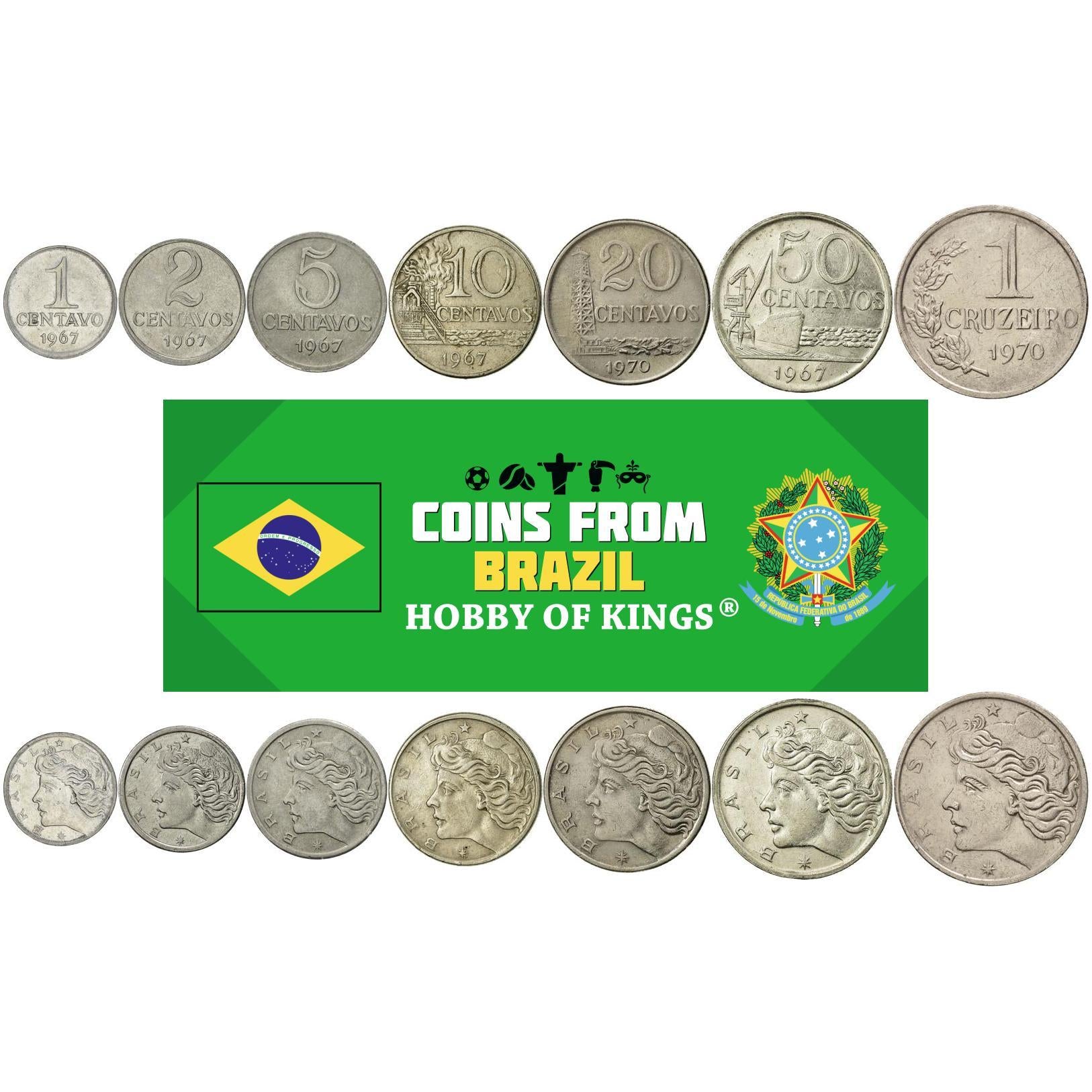 Set 7 Munten Brazilië 1 2 5 10 20 50 Centavos 1 Cruzeiros Braziliaanse Munteenheid 1967 - 1970